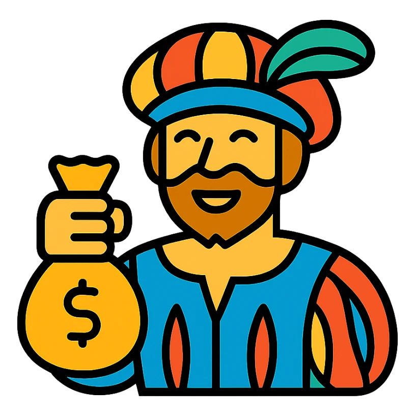 Happy Landsknecht mercenary with a bag of gold sticker