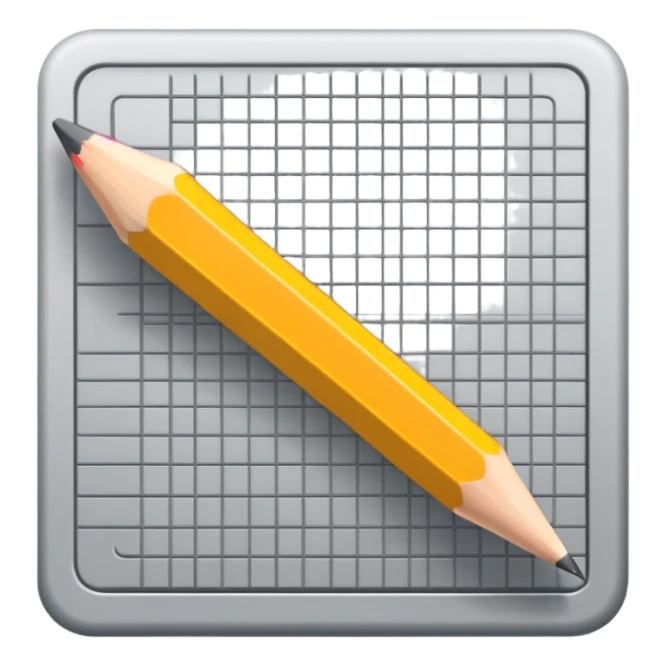 A pencil placed over a square grid, representing the sketching phase of a logo sticker