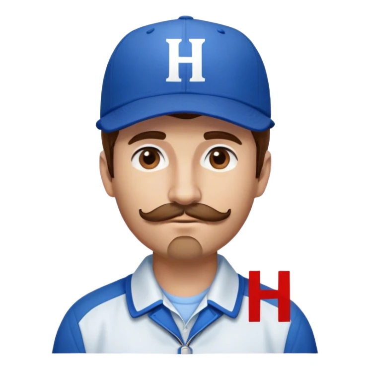 White Man with brown, short mustache, mid-length brown hair wearing blue baseball hat with the letter H on it. He is wearing a collared white dress shirt underneath a blue jacket. sticker