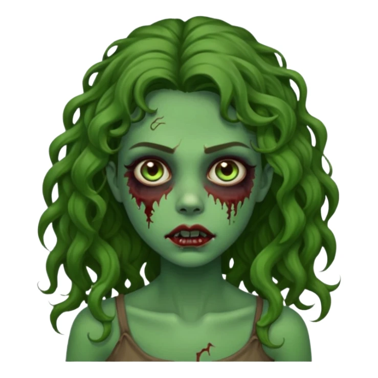 faça uma garota zombie, com a pele verde, cabelo castanho cacheado abaixo do ombro linda sticker