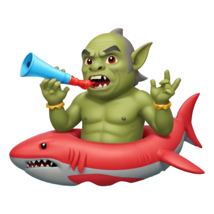 orc male in shark floatie, blowing whistle. Red swim trunks sticker