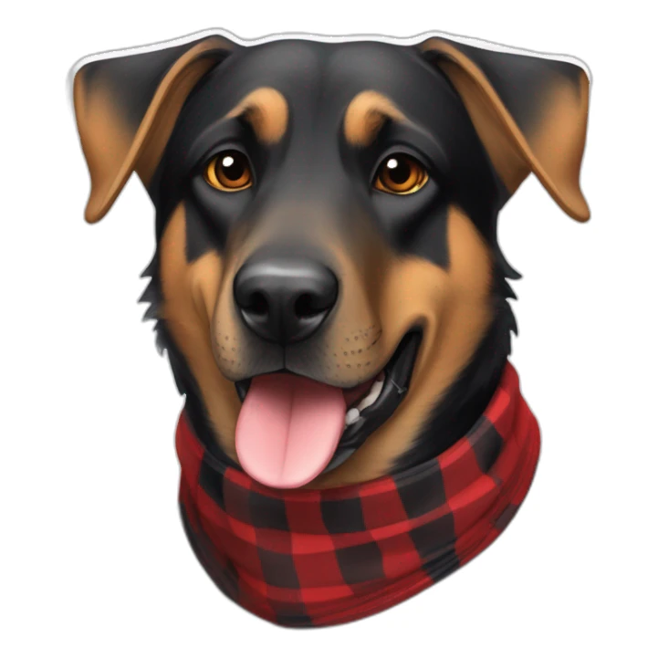 adult 75% Coonhound 25% German Shepherd mix dog wearing small pointed red buffalo plaid bandana sticker