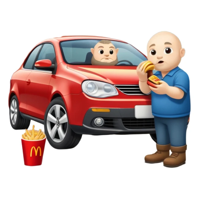 A dwarf eating McDonald's in front of a Volkswagen Eos. sticker