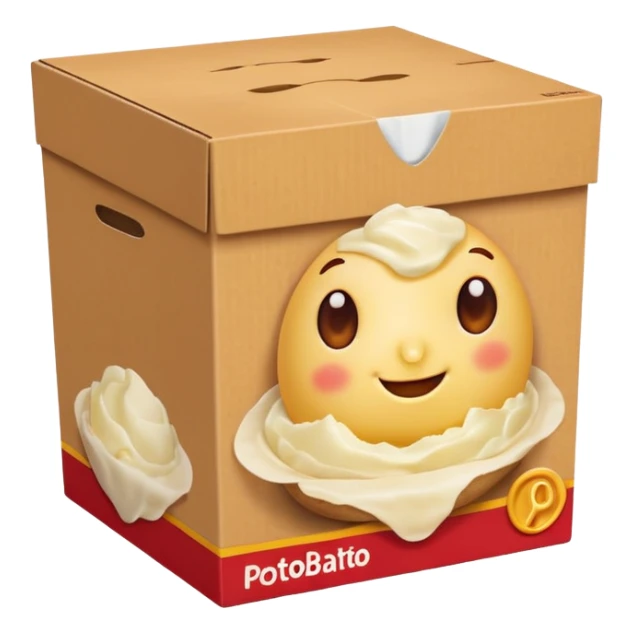 thick upright cardboard box warm yellow and red featuring smooth mashed potato image front no branding subtle potato motifs no visible bowl sachets closed box soft lighting transparent background emoji scale sticker