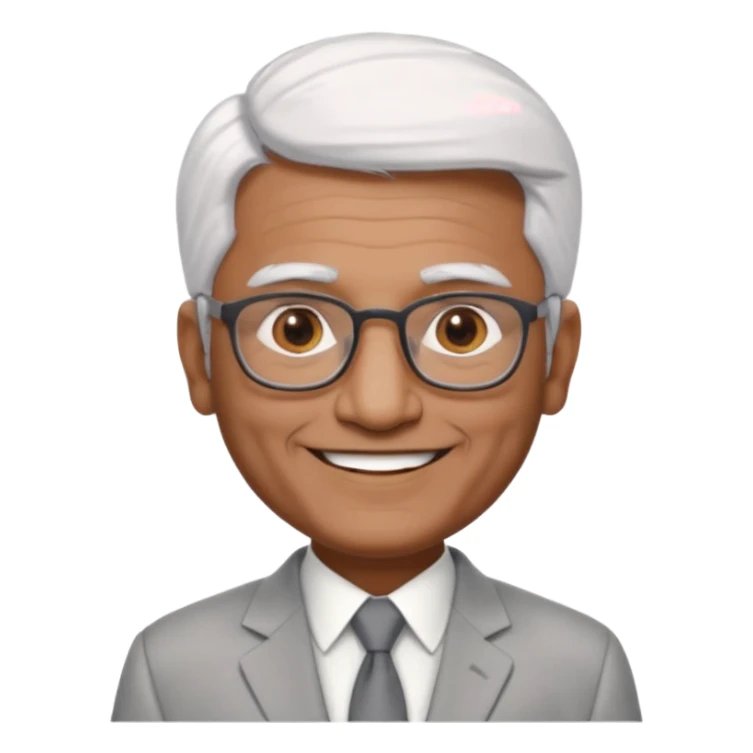 60 yr old indian man, short straight white hair brushed foreward , light grey business suit, big smile, dark brown skin, no moustache, dark brown eyes, glasses
 sticker