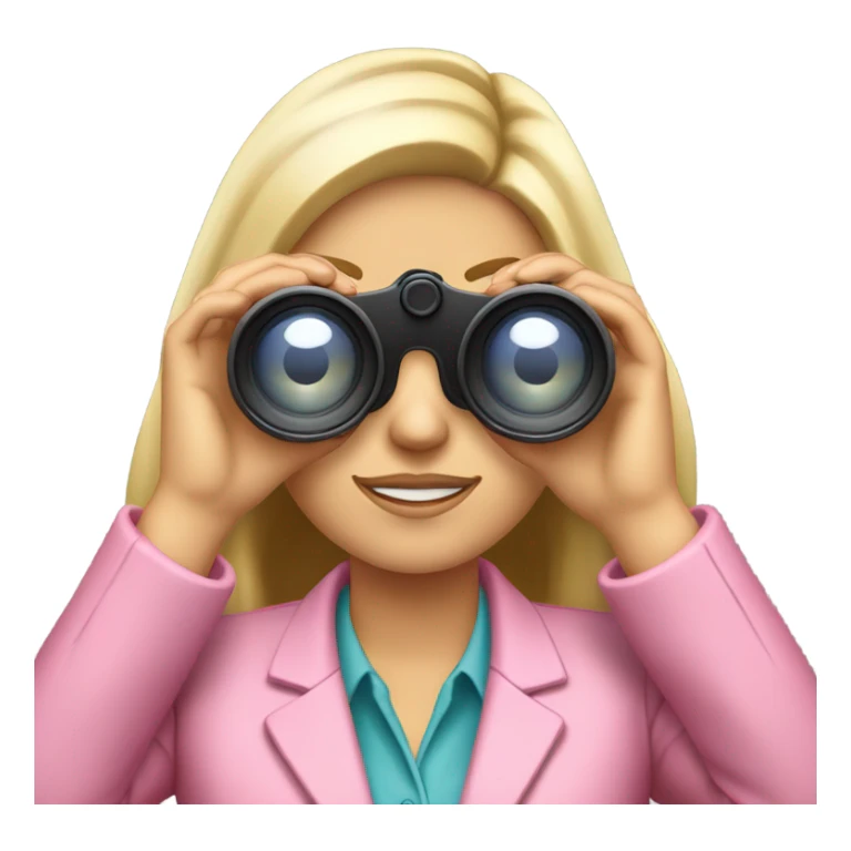 secretary style white female employee in pink suit using binoculars with long loose hair. must look straight in front of a camera sticker
