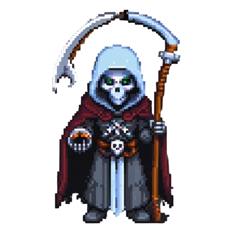 AI robot dressed as the Grim Reaper holding a scythe, pixel art style sticker