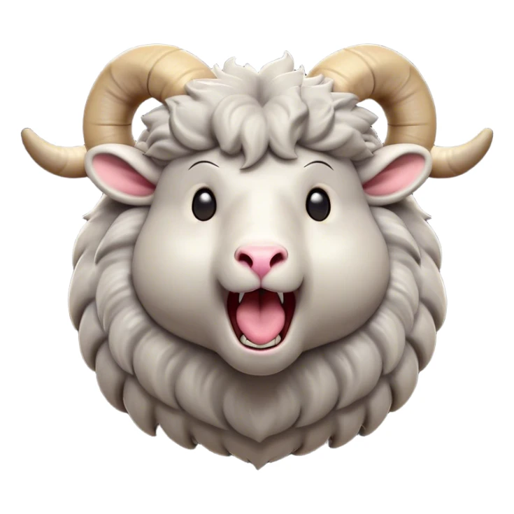 Cinematic Cute Yawning Ram Portrait Emoji, Head tilted slightly with a dramatic, wide-open yawn, showcasing a soft, woolly grey fur with gently drooping horns and ears, round dark eyes barely open in drowsy contentment, Simplified yet irresistibly adorable features, highly detailed, glowing with a soft, cozy glow, high shine, relaxed yet expressive, stylized with a touch of rugged whimsy, bright and endearing, soft glowing outline, capturing the essence of a sleepy yet affectionate ram, so drowsy it feels like it could stretch out of the screen and curl up for a nap! sticker