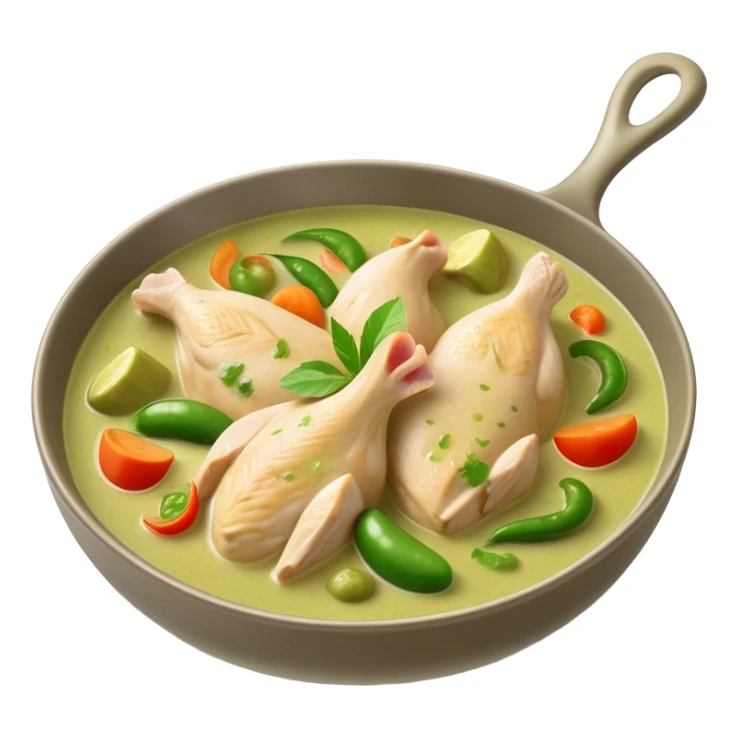 Cinematic Realistic Green Chicken Curry Dish Emoji, depicted with tender chicken simmered in a fragrant green curry sauce with vegetables rendered with rich textures and dynamic, vibrant lighting. sticker