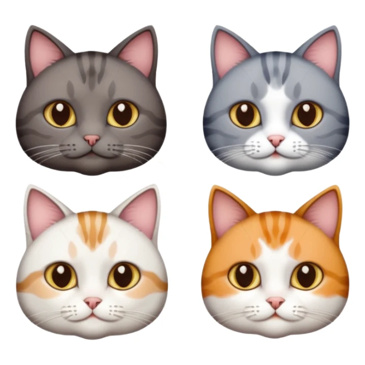 4 different coloured short haired cats including; a dark brown tabby and white cat, and a dark grey and white  sticker