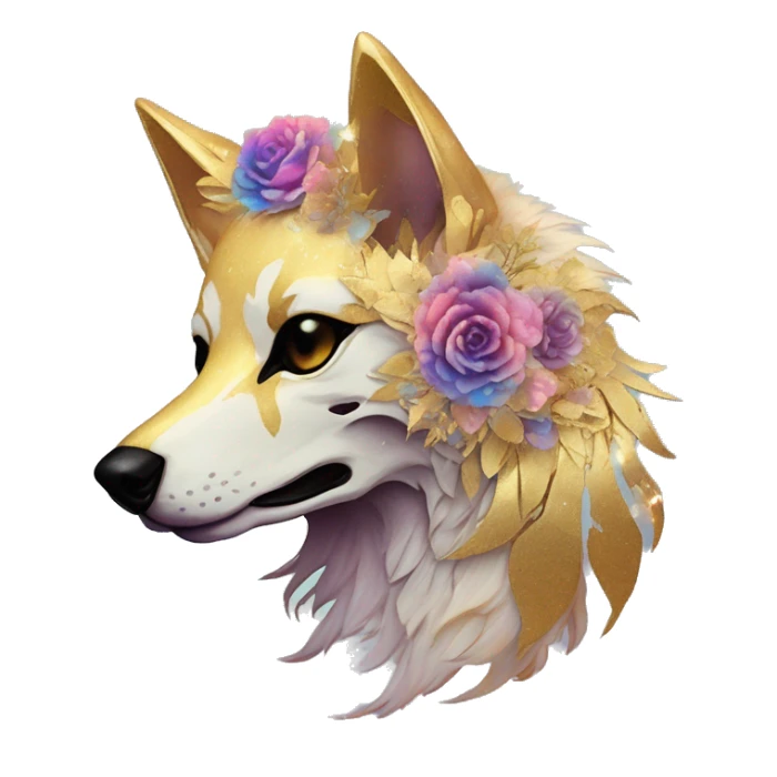 iridescent kintsugi fluffy dog fox head zombie skull skeleton gold mechanical nebula galaxy stars colorful flowers fairy lights vintage sticker