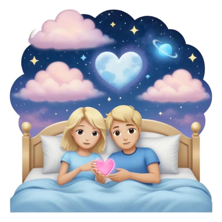 Sweet dreams a blonde man in a very  comfy bed with blue and Pastel clouds and an delicate  galaxy with a girl sending a heart elegant  sticker