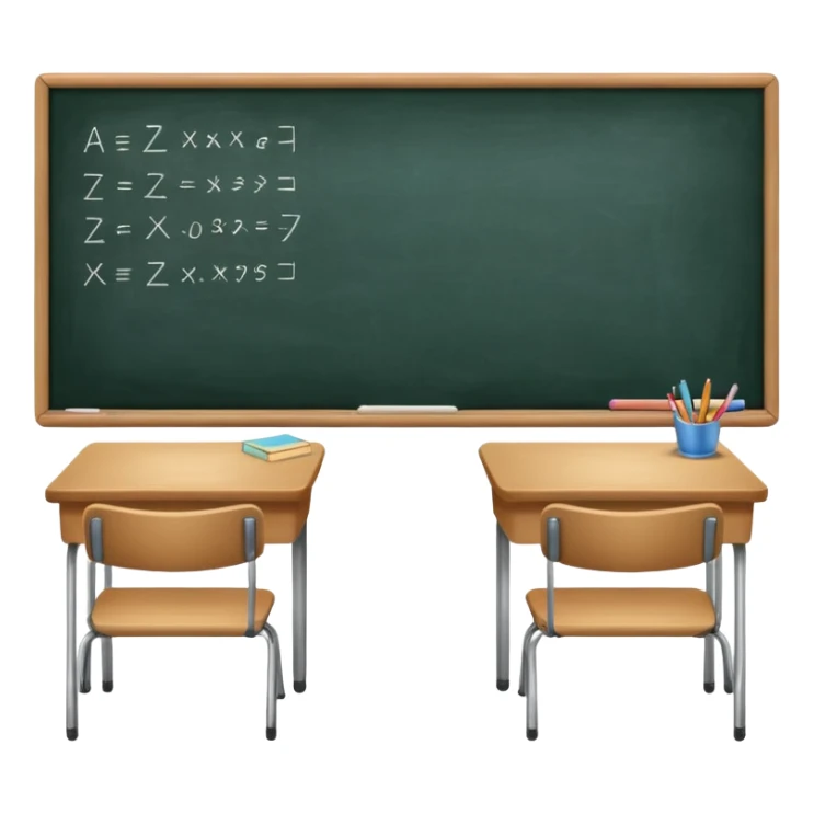 a classroom with desks and a big blackboard sticker