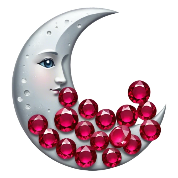A glowing half-moon illuminates scattered rubies, blending lunar silver with deep crimson. The gemstones shimmer softly, creating a mystical and elegant scene. sticker