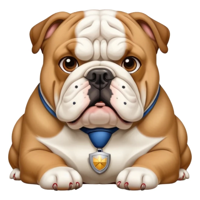 english bulldog with a security badge sticker