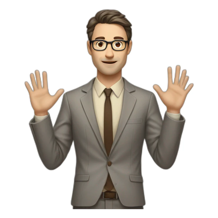 Full height Actively gesturing with hands Pale skinned fit man with dark brown hair in gray jacket, beige office shirt, brown tie, brown pants and vintage glasses. sticker