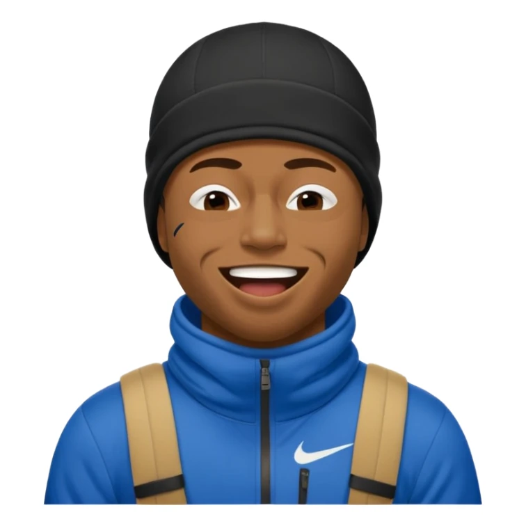 black guy with nike ski mask on squinching his face trying to hold his laugh with his eyes closed sticker