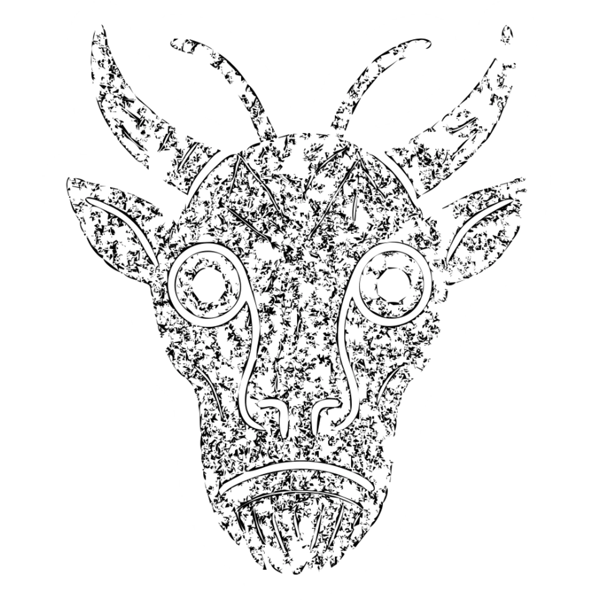 a highly abstract and minimalist red icon combining: stoat fur texture, minotaur skull with horn, frog eyes, elf facial structure, moth antennae, cat ears, platypus bill elements, and capybara nose, all fused into one bizarre chimeric head, extremely weathered with scratches, broken lines, and worn appearance, entirely red sticker
