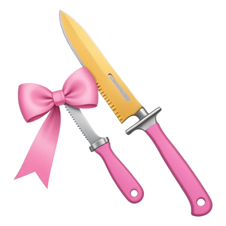 Only one object: a kitchen knife. A pink ribbon bow is tied directly on the knife handle. No other items. No decorations. Minimal emoji style sticker