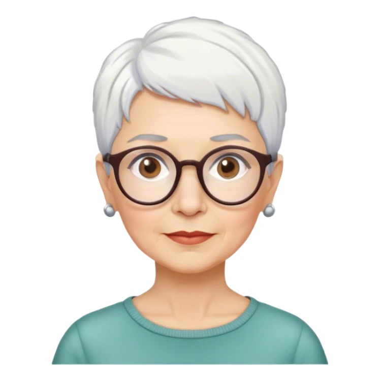 Older anthropologist woman, short cropped pixie white hair, brown brows, glasses  sticker