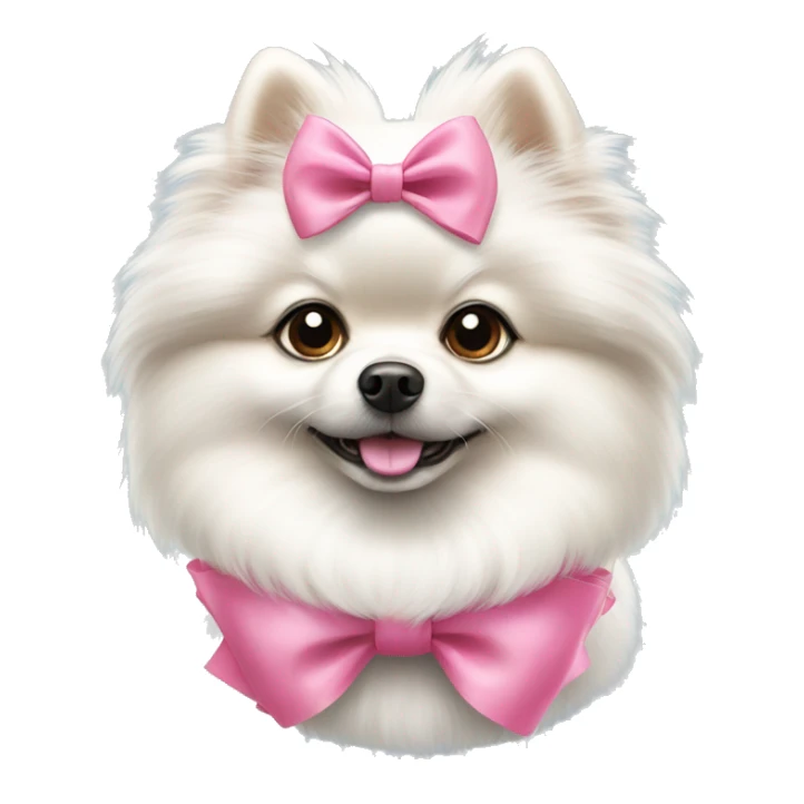 A white Pomeranian dog with a pink bow sticker