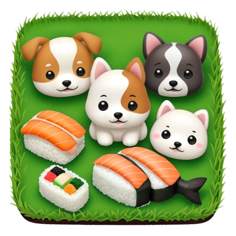 Sushi and a cake with a puppy in grass  sticker