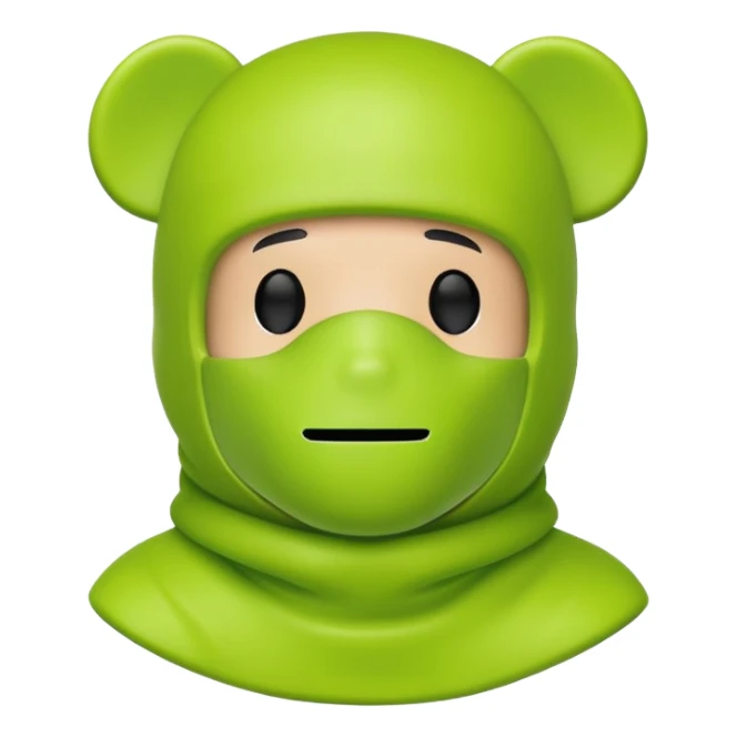 bearbrick toy wearing a lime green balaclava with relaxed but well-defined arched eyebrows visible above the mask sticker