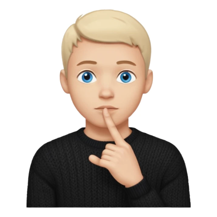 man in black knitted sweater in thinking pose, blue eyes, index finger touching his chin, eyes looking up to the top right sticker