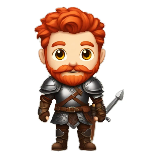 text for a sticker picture generator with a red-haired dwarf in his hands who has a bow with a braided mustache, dressed in leather armor, with a red beard, with red hair, in a fantasy style sticker