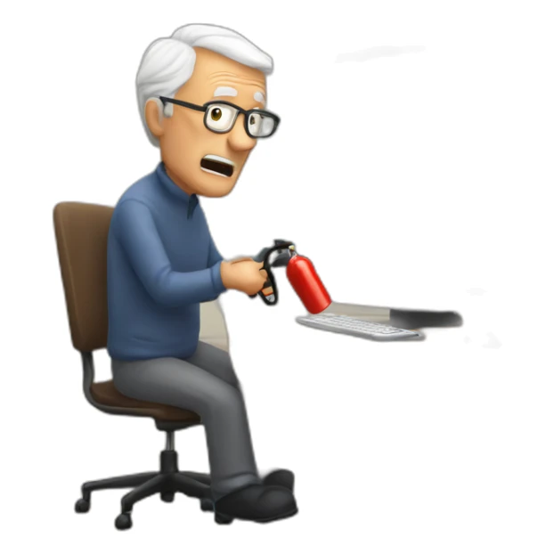 elderly man pointing fire extinguisher at a computer in fear sticker