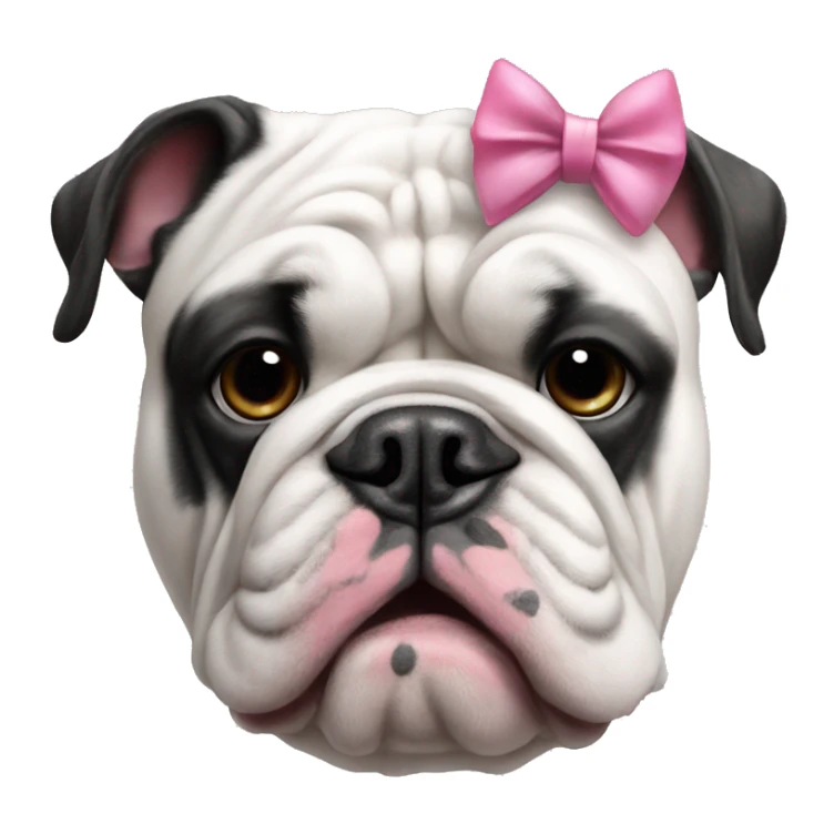 English bulldog that is black and white with a pink bow sticker