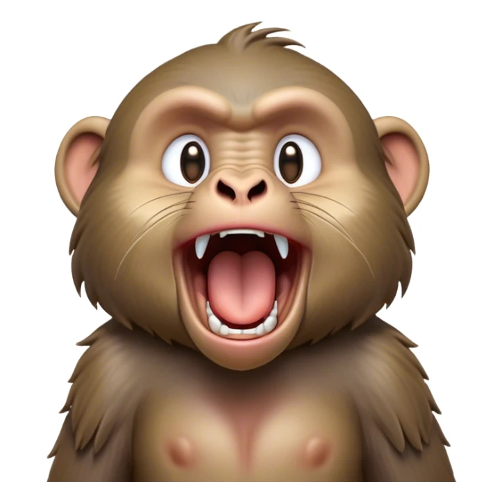 Cinematic Cute Yawning Baboon Portrait Emoji, Head tilted slightly with a dramatic, wide-open yawn, showcasing a soft, textured Fur of earthy browns with droopy ears, round eyes barely open in drowsy contentment, Simplified yet irresistibly adorable features, highly detailed, glowing with a soft, cozy glow, high shine, relaxed yet expressive, stylized with a touch of playful urban charm, bright and endearing, soft glowing outline, capturing the essence of a sleepy yet affectionate baboon, so drowsy it feels like it could stretch out of the screen and curl up for a nap! sticker