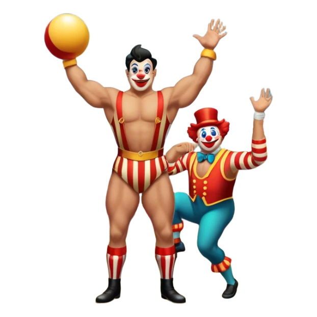 Icon for Circus Arts: a grand vibrant round circus arena with a strongman in a striped costume,  juggler and a clown performing. The icon should convey the excitement and fun of circus performances, with focus on the performers and the colorful setting. Transparent background. sticker