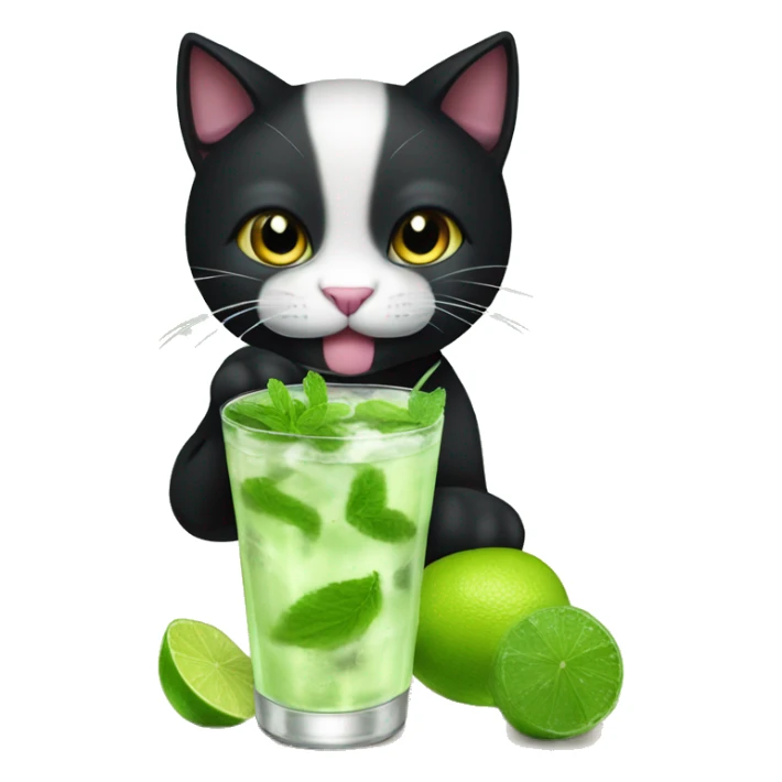 A cute black cat, whith a white nose,  dinking a "mojito" whith a glass sticker