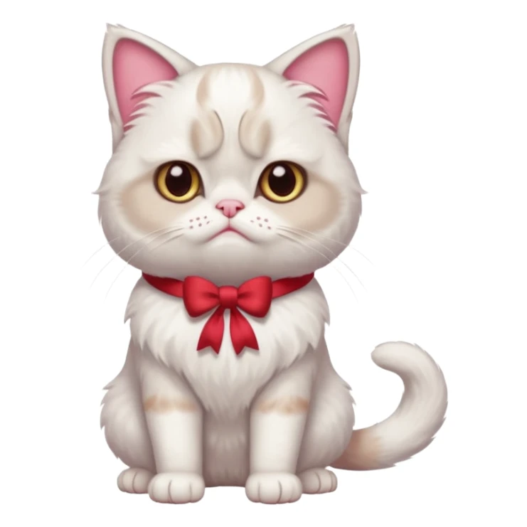 A White grumpy cat with light pink ears and paws and with a bow around its neck. The cat shall be standing on two legs sticker