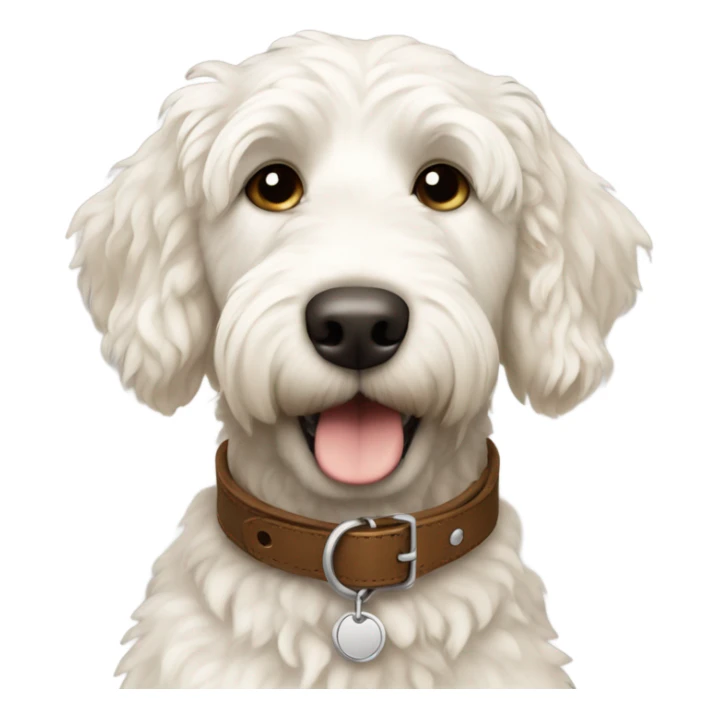 White golden doodle dog with brown leather collar sticker