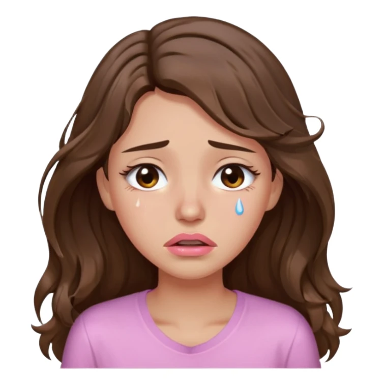 girl with wavy long brown hair, brown eyes, light to medium complexion, long lashes, light pink lipstick, wearing light pink shirt, weeping lots of big tears sticker