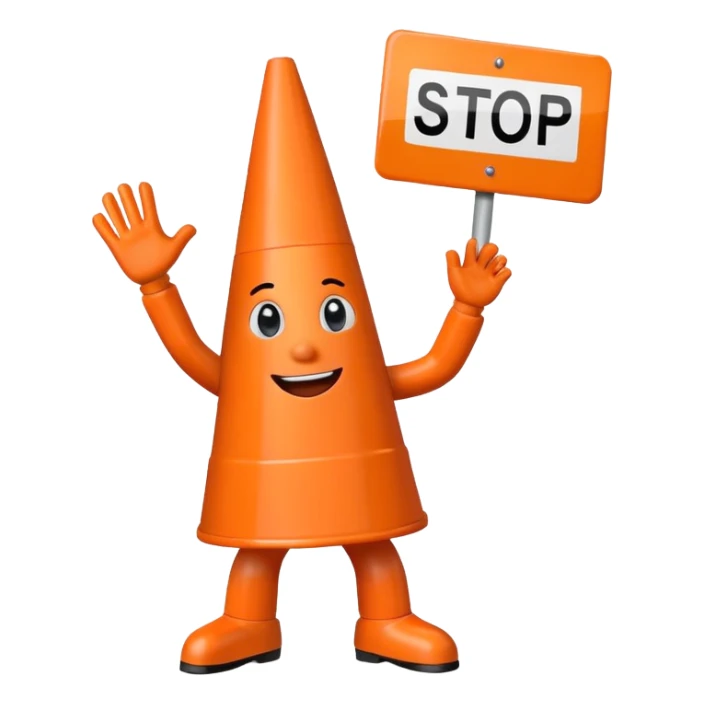 orange traffic cone with three legs dancing with sign in his hand saying “stop ai” sticker