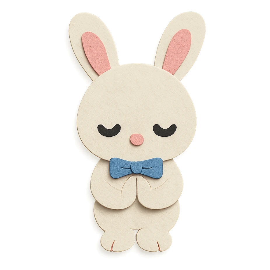 white bunny bowing politely with paws together, paper-craft style, eyes solid and clear sticker