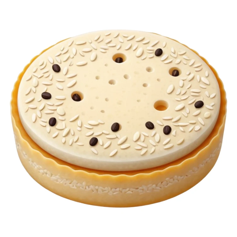 single round rice cake with light puffed texture, pale off-white color, speckled with tiny grains and air pockets, slightly uneven matte surface, crisp edges, delicate crunchy appearance, no packaging, no toppings, no extras, soft lighting, subtle shadows, emoji scale sticker