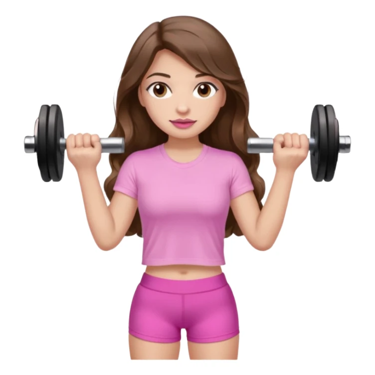 girl with wavy long brown hair, brown eyes, light to medium complexion, long lashes, light pink lipstick, wearing light pink shirt, lifting a pink dumbbells in a shorts top sticker