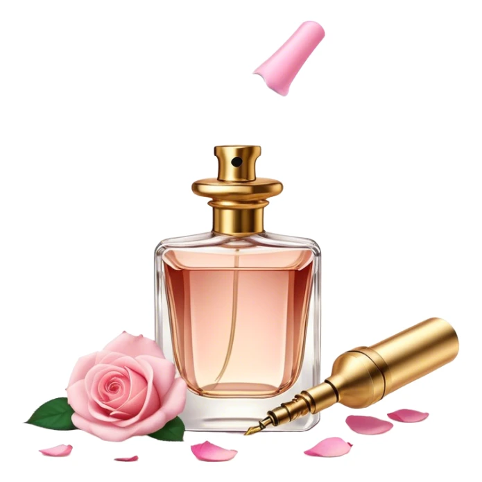 A vintage perfume bottle with a golden atomizer, surrounded by soft pink rose petals. sticker