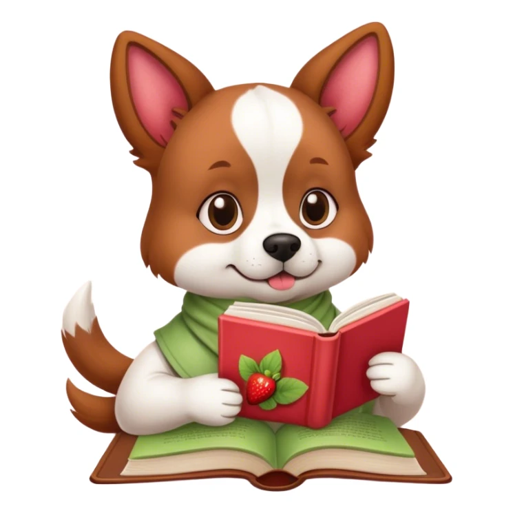 Dog reading a book with a strawberry matcha latte sticker