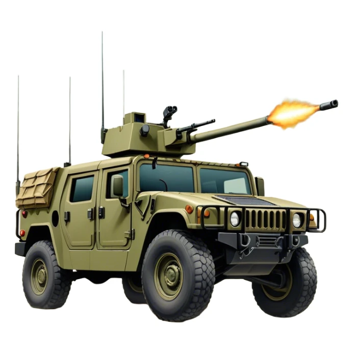 Humvee (2005) – Cinematic-realistic Humvee, its rugged olive-green frame bouncing over rough desert terrain. Soldiers grip their weapons tightly as the turret gunner scans the horizon, dust kicking up behind the armored vehicle under the blazing midday sun, with distant radio chatter crackling through the air. sticker