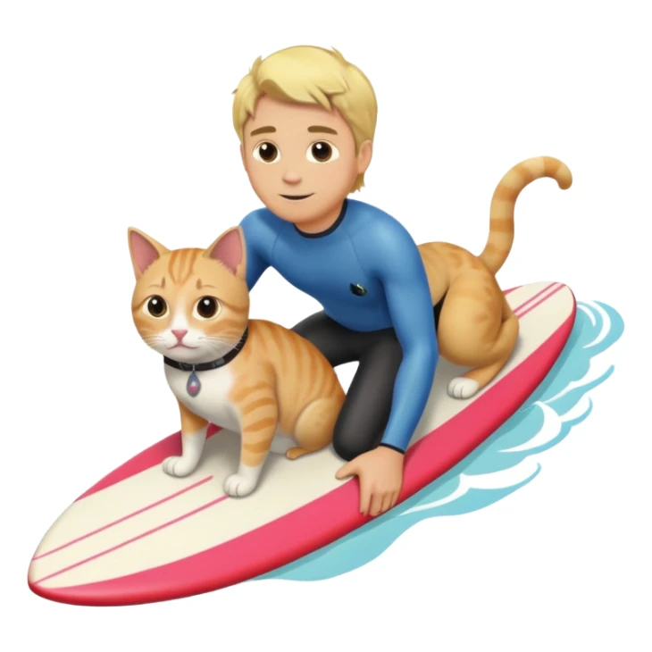 Blonde hair guy with a cat on his shoulder, riding a surfboard sticker