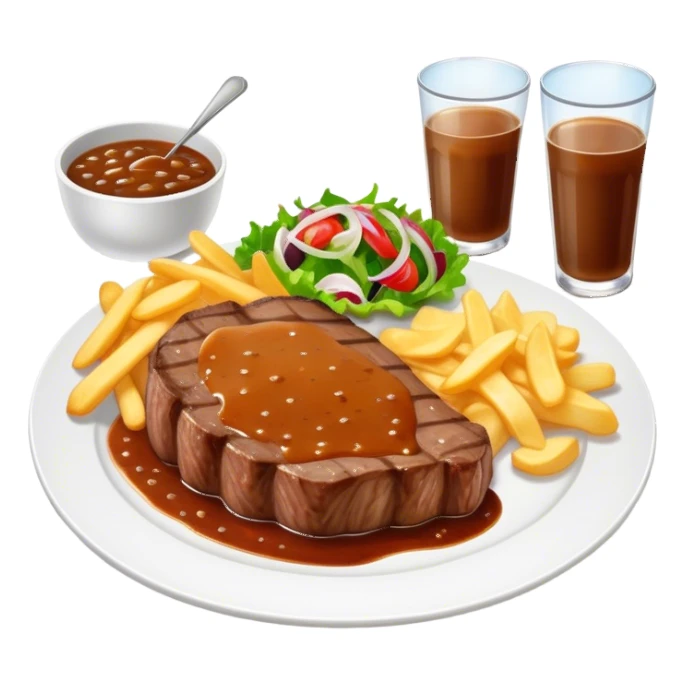 big juicy australian steak meal featuring chips, small salad in a ramiken and gravy  sticker