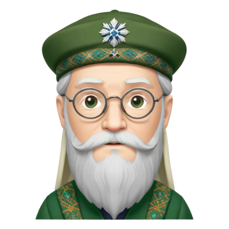 Dumbledore wear green scotland Tam o'shanter cap with decorative patterns, wear glasses, very long beard sticker