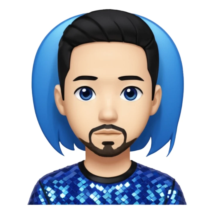 Mike Shinoda with black hair with blue highlight, black sequin shirt, brown eyes sticker