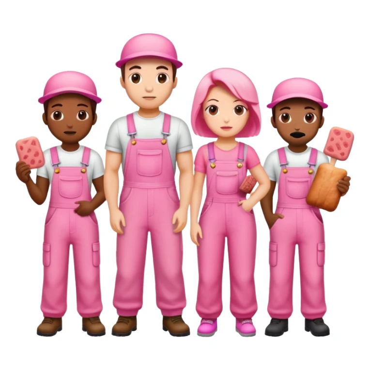 group of artists wearing pink overalls protesting for spam meat art sticker