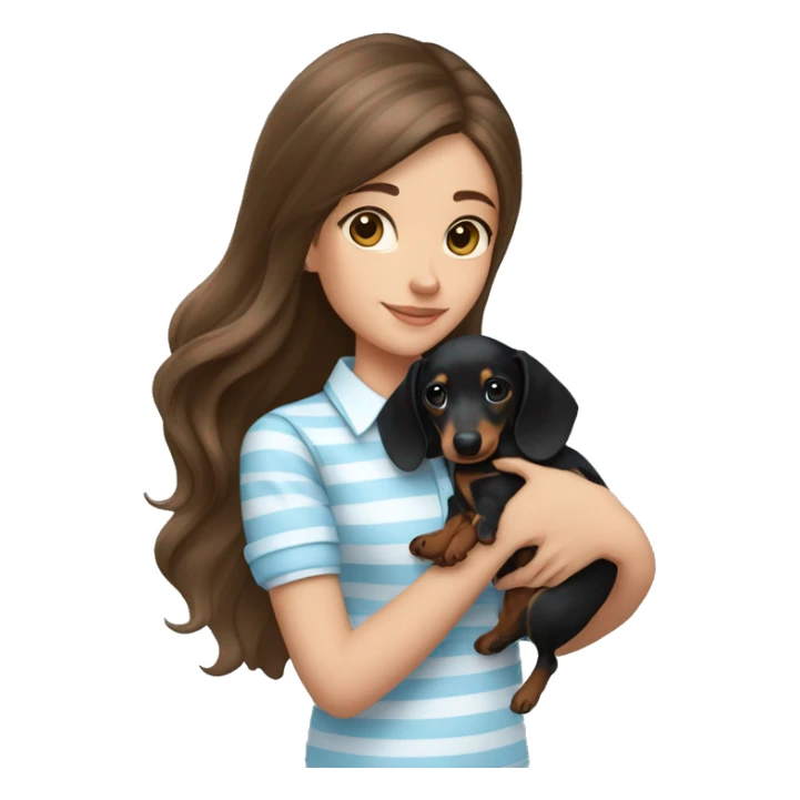 brunette girl with long hair, a light blue and white shirt with thin vertical stripes, holding a black dachshund puppy in her arms sticker